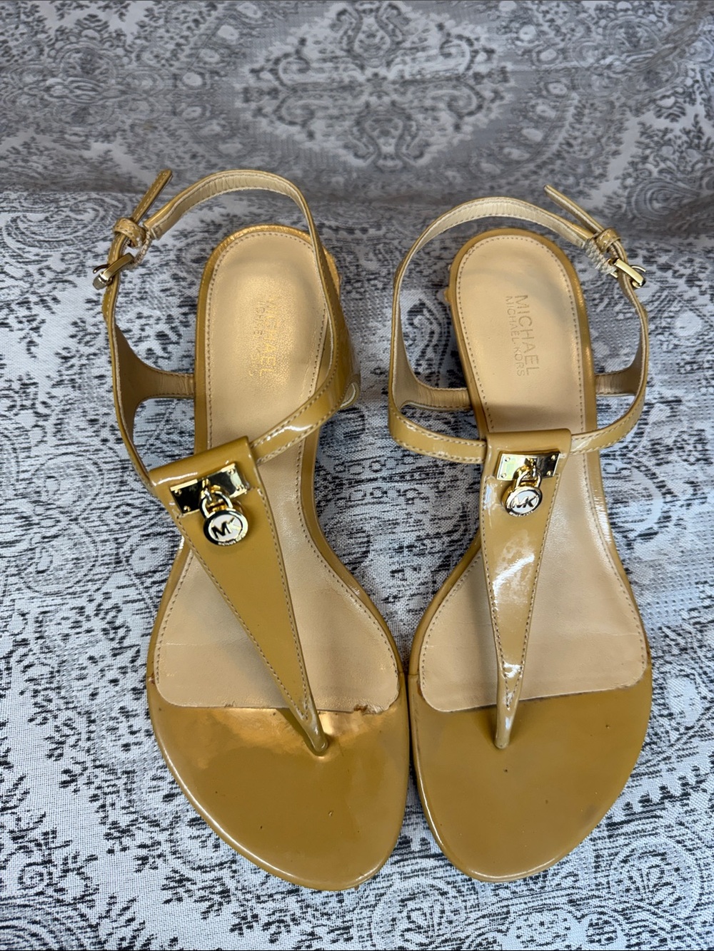 Michael Kors Mustard Patent Leather T-Strap Sandals